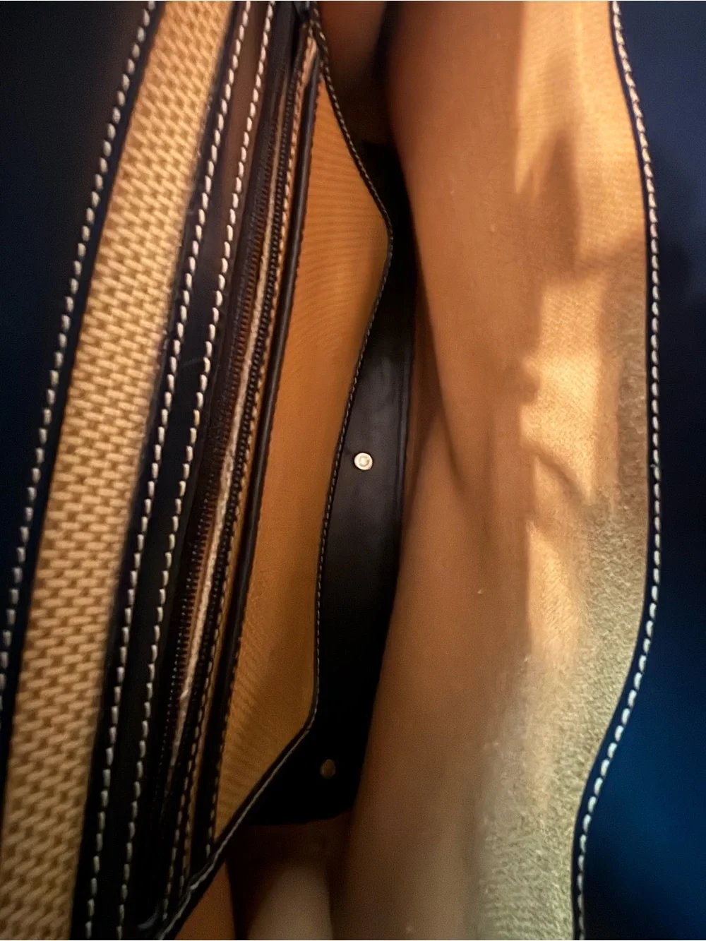 Dooney & Bourke Beige Woven Satchel with Brown Bamboo Handles and Navy Trim